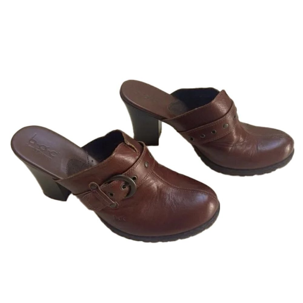 💜🤑 Born BOC Brown Leather Buckle Slip On Mules Clogs Heels C14306 Size 10